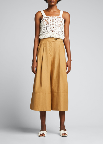 Zimmermann Postcard Pleated Cotton-twill Wide-leg Culottes In Light Olive
