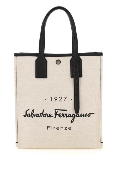 Salvatore Ferragamo Canvas Tote Bag In Beige,black | ModeSens