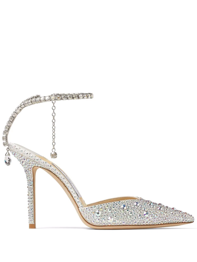 Jimmy Choo Saeda Crystal Ankle Strap Pointed Toe Pump In White