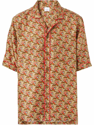 Burberry Tiger-print Short-sleeve Silk Shirt In Braun