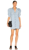 Frame Rosette Puff Sleeve Denim Shirt Dress In Blue