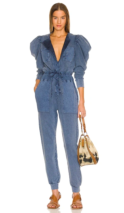 Ulla Johnson Sadie Poplin-paneled Cotton-jersey Jumpsuit In Blue