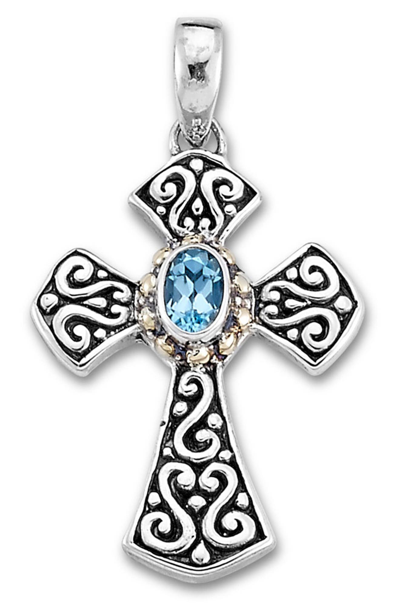 Samuel B. 18k Gold & Sterling Silver Blue Topaz Filigree Cross Pendant