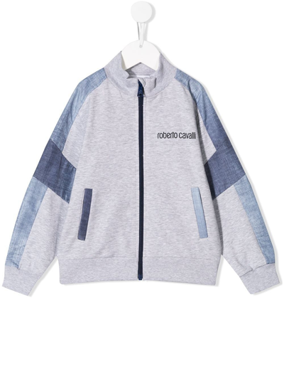 Roberto Cavalli Junior Kids' Denim Patchwork Track Jacket In Grey