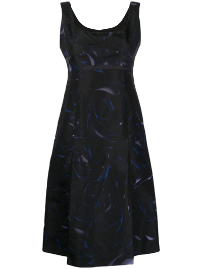 Pre-owned Celine  Abstract-print Silk Midi Dress In Black