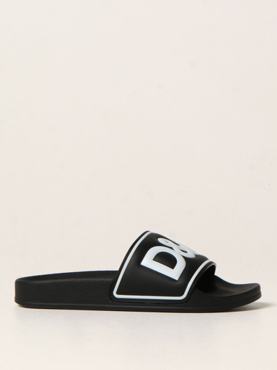 Dolce & Gabbana Black Slippers With White Print Dolce&gabbana Kids