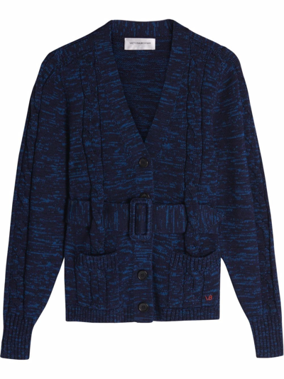 Victoria Beckham Belted Cable Knit Cardigan In Blue