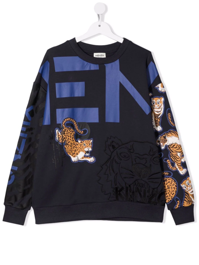 Kenzo Teen Tiger Print Crewneck Sweatshirt In Black