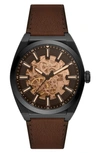 FOSSIL EVERETT SKELETON LEATHER STRAP WATCH, 42MM