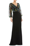 Mac Duggal Embroidered Illusion Puff Sleeve Column Gown In Black/ Multi