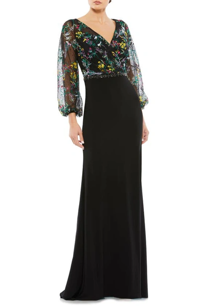 Mac Duggal Embroidered Illusion Puff Sleeve Column Gown In Black Multi