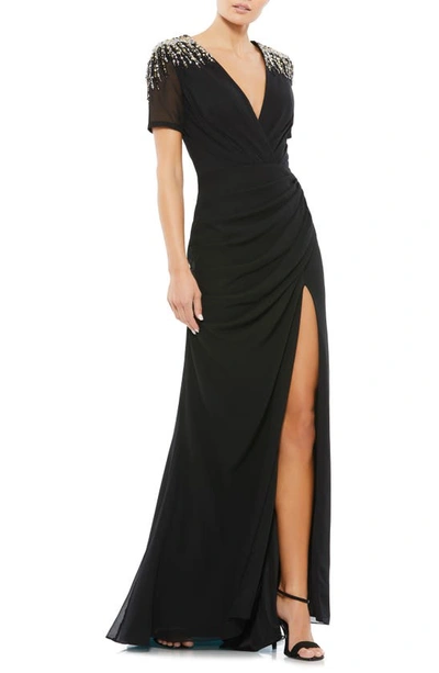 Mac Duggal Sequined Embellished Shoulder Evening Gown In Black