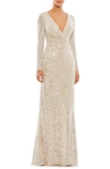 Mac Duggal Beaded Geometric Silver Sparkle Dress In Nude In Nude Silver