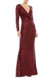 Mac Duggal Sequined Faux Wrap Long Sleeve Column Gown In Wine