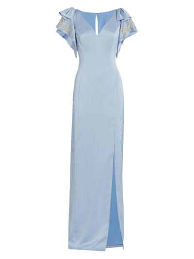 Marchesa Notte Embellished Satin Crepe Column Gown In Dusty Blue