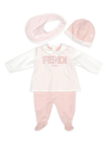 Fendi Baby's 3-piece Multi-pattern Logo Coveralls, Hat & Bib Set In White Pink