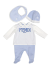 Fendi Baby's 3-piece Multi-pattern Logo Coveralls, Hat & Bib Set In White Blue