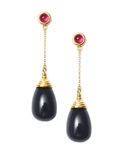 Syna 18k Black Onyx Drop Chain Earrings With Rubellite