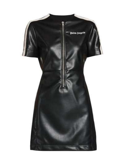 Palm Angels Black Logoed Minidress In Faux Leather