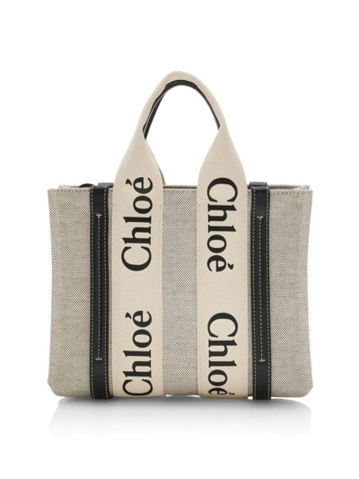 Chloé Small Woody Canvas Tote In White Blue