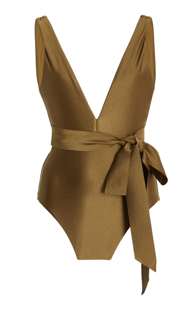 Zimmermann Rosa Plunge Tie-waist One-piece Swimsuit In Olive/army