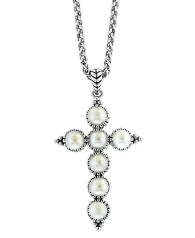 Effy Collection Effy Cultured Freshwater Pearl (4mm) Cross 18" Pendant Necklace In Sterling Silver