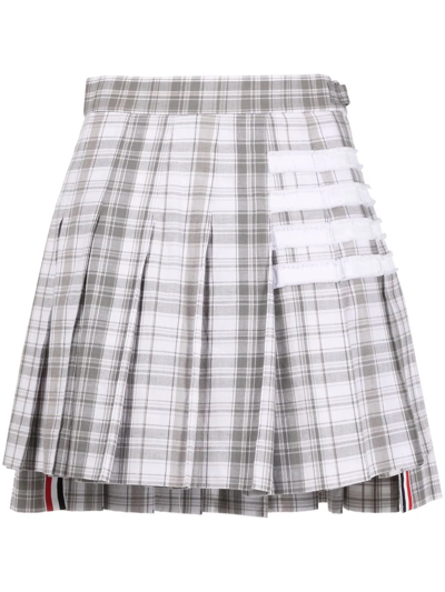 Thom Browne 4-bar Plaid Drop Back Pleated Cotton Oxford Miniskirt In Grey