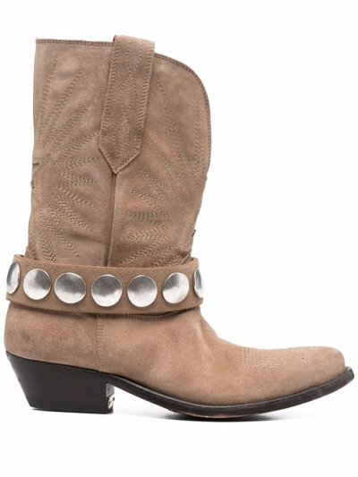 Golden Goose Wish Star Texan Ankle Boots In Leather Color Suede In Beige