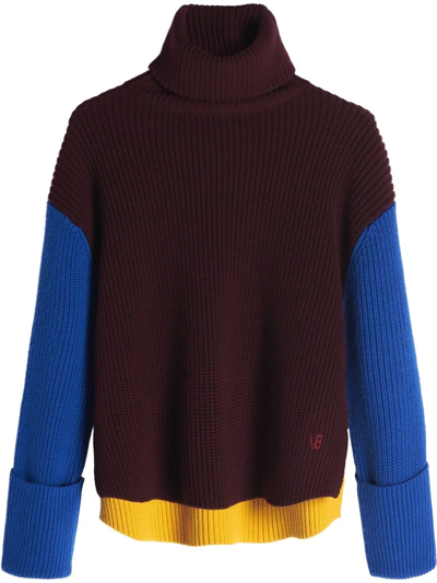 Victoria Beckham Colorblock Jumbo-cuff Turtleneck Wool Sweater In Bord/blu/yel