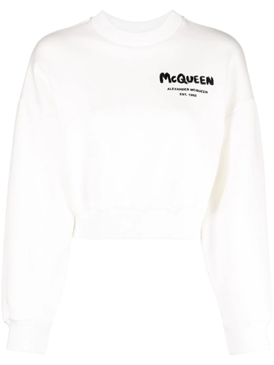 Alexander Mcqueen White Graffiti Cropped Sweatshirt
