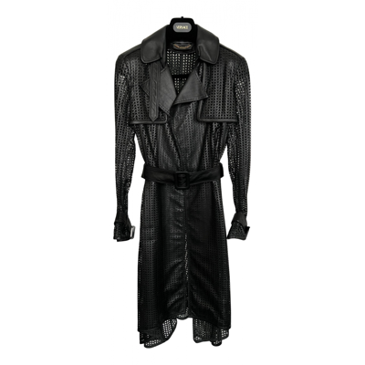 Pre-owned Versace Leather Trench Coat In Black