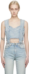 Ganni Cropped Bead-embellished Organic Denim Top In 91 Tint Wash