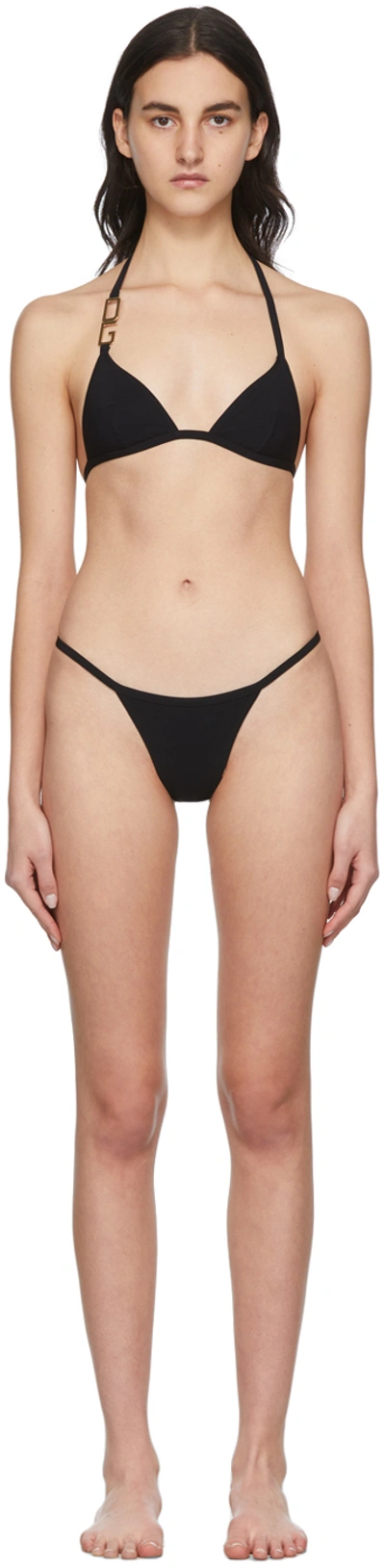 Dolce & Gabbana Jersey Triangle Bikini Set W/ Logo In Black