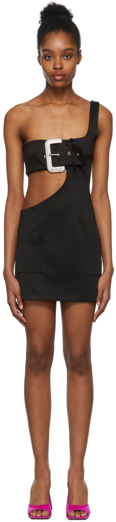 Area One-shoulder Crystal Buckle Cutout Mini Dress In Black