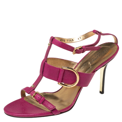 Pre-owned Dolce & Gabbana Pink Leather Buckle Details T-strap Sandals Size 41