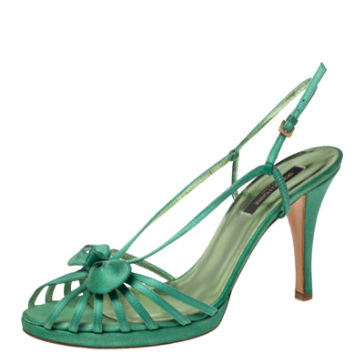 Pre-owned Sergio Rossi Green Satin Strappy Bow Sandals Size 41