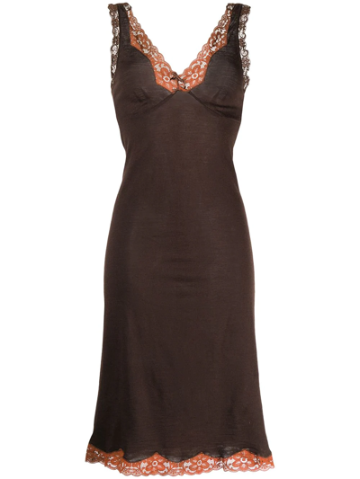 Pre-owned Dolce & Gabbana 2000s Lace-trim Slip Dress In Brown