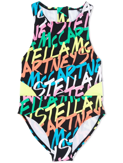 Stella Mccartney Teen All-over Logo Print Swimsuit In Black