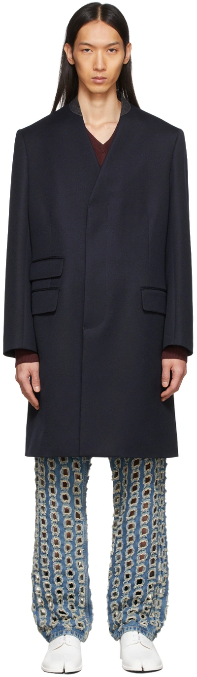 Maison Margiela Black Single-breasted Wool Coat In Blue Navy