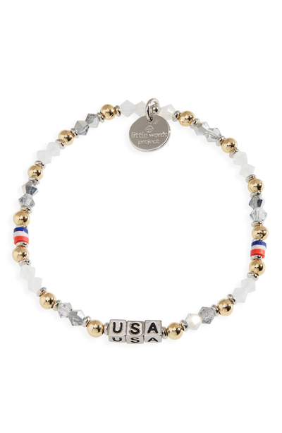 Little Words Project Usa Go For The Gold Beaded Stretch Bracelet In Silver-gold-white Silver