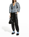 Ganni Blue & Black Crispy Jacquard Blouse In Egret