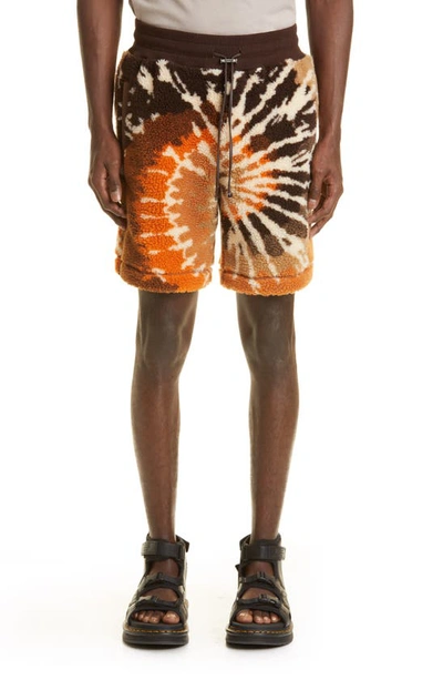 Amiri Leather-trimmed Tie-dyed Fleece Drawstring Shorts In Multi-colour