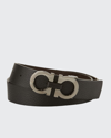 Ferragamo Moufflon Adjustable & Reversible Double-gancini Buckle Leather Belt In Black/hickory