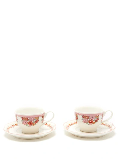 Loretta Caponi Set Of Two Garland Porcelain Teacups & Saucers