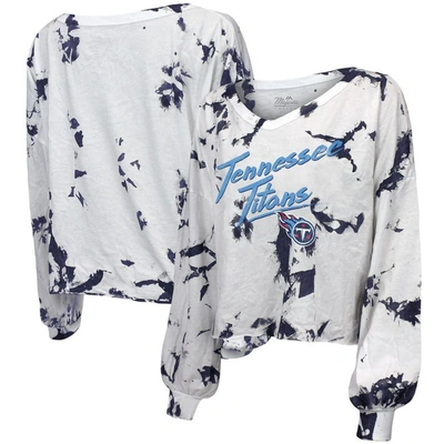 Majestic Threads White/navy Tennessee Titans Off-shoulder Tie-dye V-neck Long Sleeve T-shirt