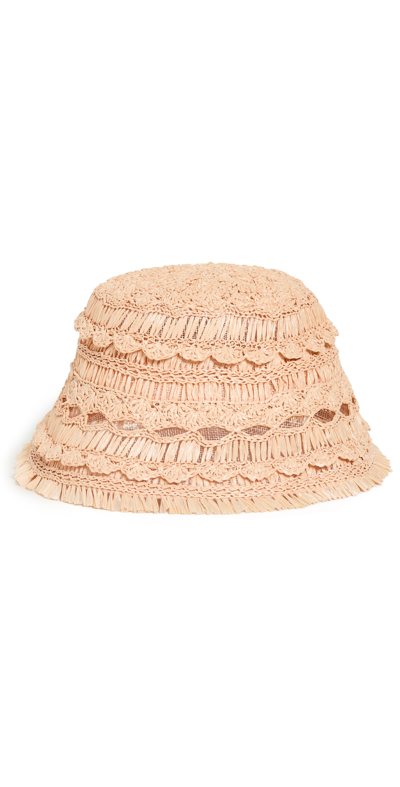 Zimmermann Postcard Fringed Crocheted Straw Bucket Hat In Beige