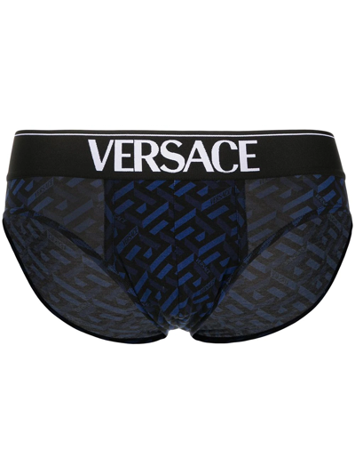 Versace La Greca Logo-waistband Briefs In Blue