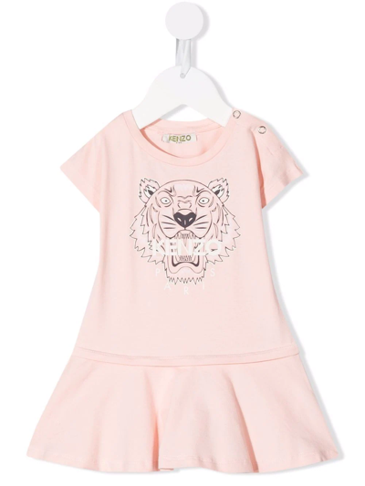 Kenzo Pink Baby Girl Dress T-shirt Model With Tiger Head Print, With Logo On The Front, Round Neckline, Sh