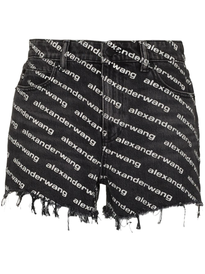Alexander Wang Omens Grey Aged White Logo-print Bite Denim Shorts In Black