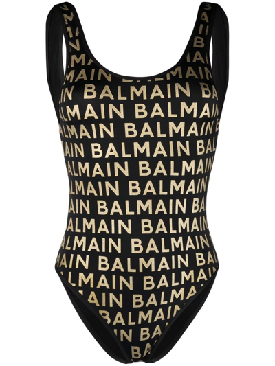 Balmain Metallic-threaded Logo Swimsuit In Black